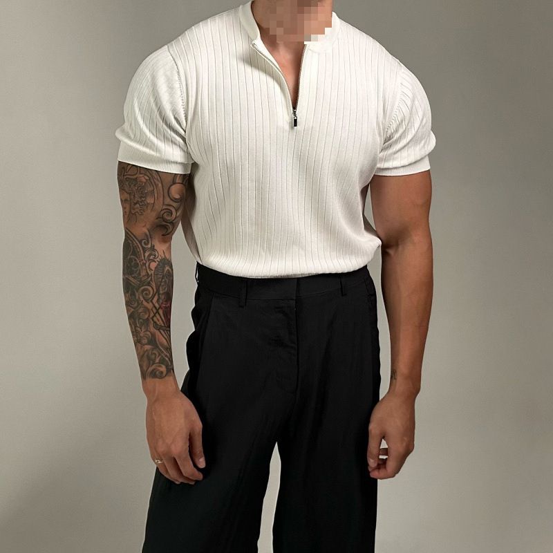 Maglietta da uomo a mezza zip, a maniche corte, in maglia, vestibilità slim, in stile coreano, 2025_voghion.com