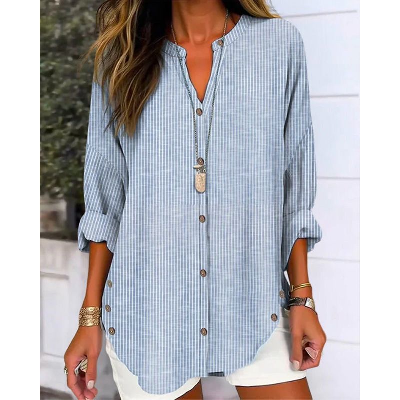 Camicia a maniche lunghe con bottoni a righe, tinta unita, nuova moda casual da donna, autunno e inverno_voghion.com