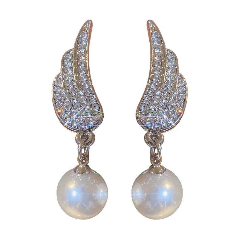 Set di lusso leggero con ago d'argento con orecchini di perle e ali di diamanti, alla moda, versatili, personalizzati e in stile freddo_voghion.com
