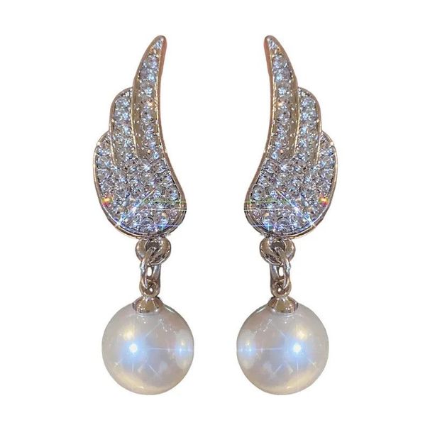 Set di lusso leggero con ago d'argento con orecchini di perle e ali di diamanti, alla moda, versatili, personalizzati e in stile freddo_voghion.com