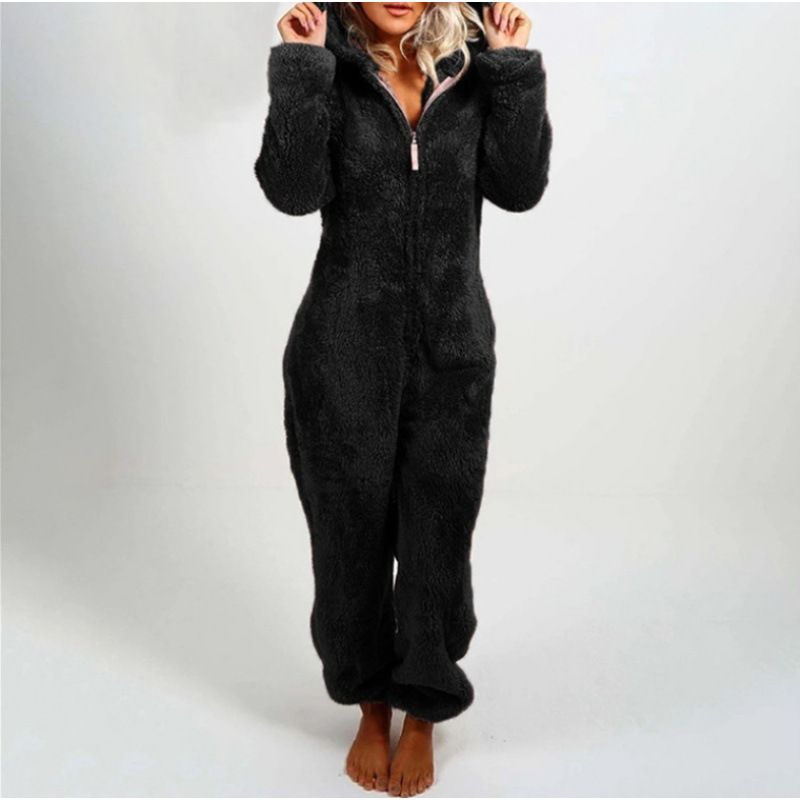 Women's Autumn And Winter Fleece Thickened Fluffy Jumpsuit Home Hooded Bear Pajamas_voghion.com