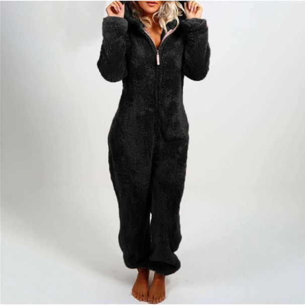 Women's Autumn And Winter Fleece Thickened Fluffy Jumpsuit Home Hooded Bear Pajamas_voghion.com