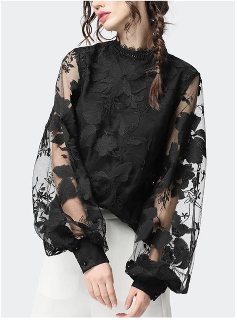 Women's Lace Puffed Sleeve Transparent Round Neck Solid Color Blouse_voghion.com