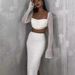 FY22396 Knitted Beaded Square Neck Long Sleeve And Short Set Spring Women's Sexy Crop Top Skirt_voghion.com
