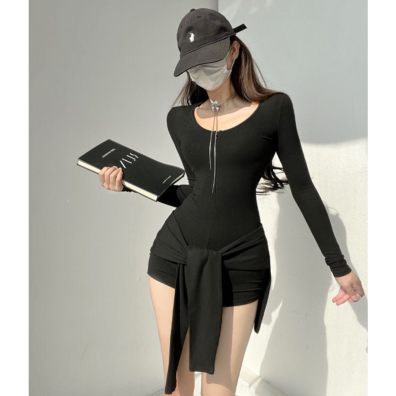 Kadın Giyim Yeni Tulum Kadınlar İçin Sonbahar Sıcak Kız Uzun Kollu Slim Fit U Yaka Kardashian Kalça Sarılı Tulum Fermuar Şort_voghion.com