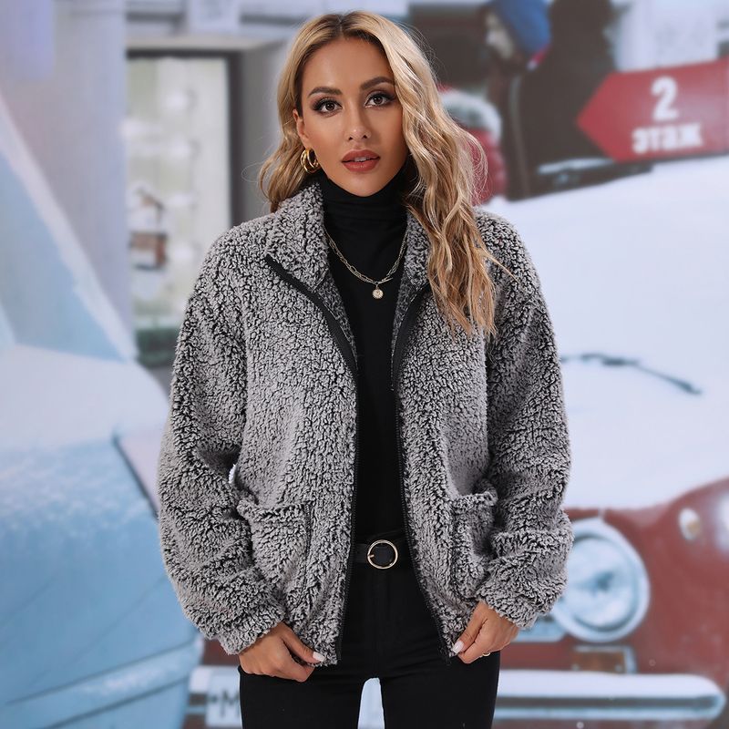 Damen Revers Langarm Reißverschluss Wendbare Bubble Fleece Lockere Freizeitjacke_voghion.com