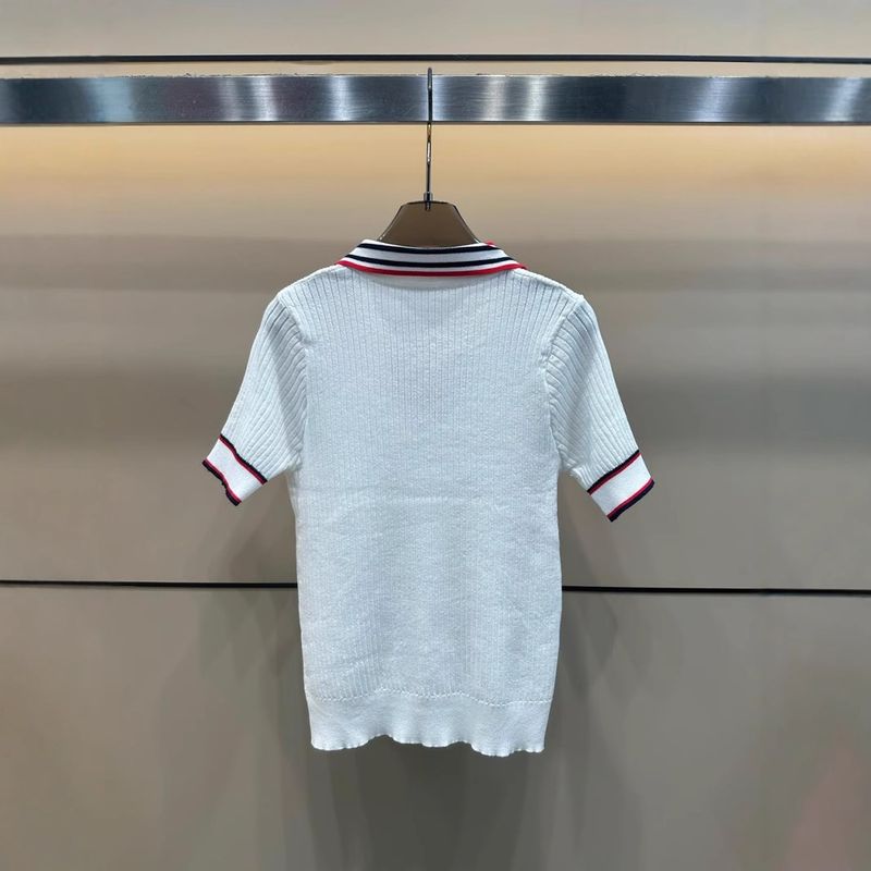 2025 Summer New Rhinestone Puppy Pattern Knitted Short Sleeve Turn-Down Collar Pullover Loose Versatile Women's Top_voghion.com