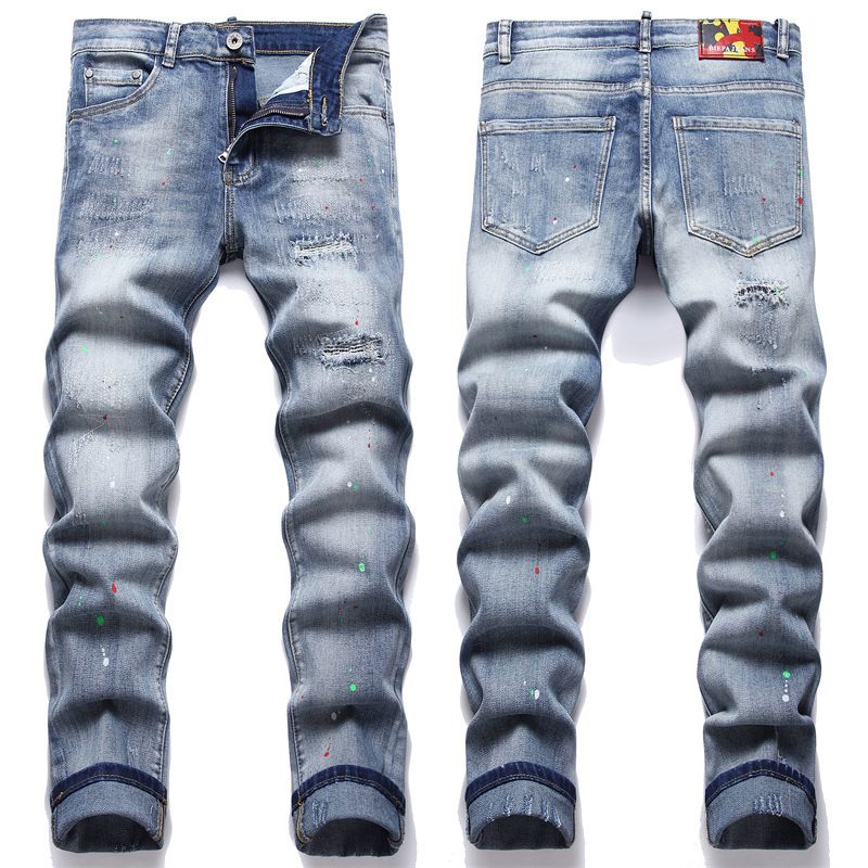 Etichetta in pelle ricamata a palloncino in cotone elastico slim fit Four Seasons con toppe con fori rotti, moda Chaotic Thread_voghion.com