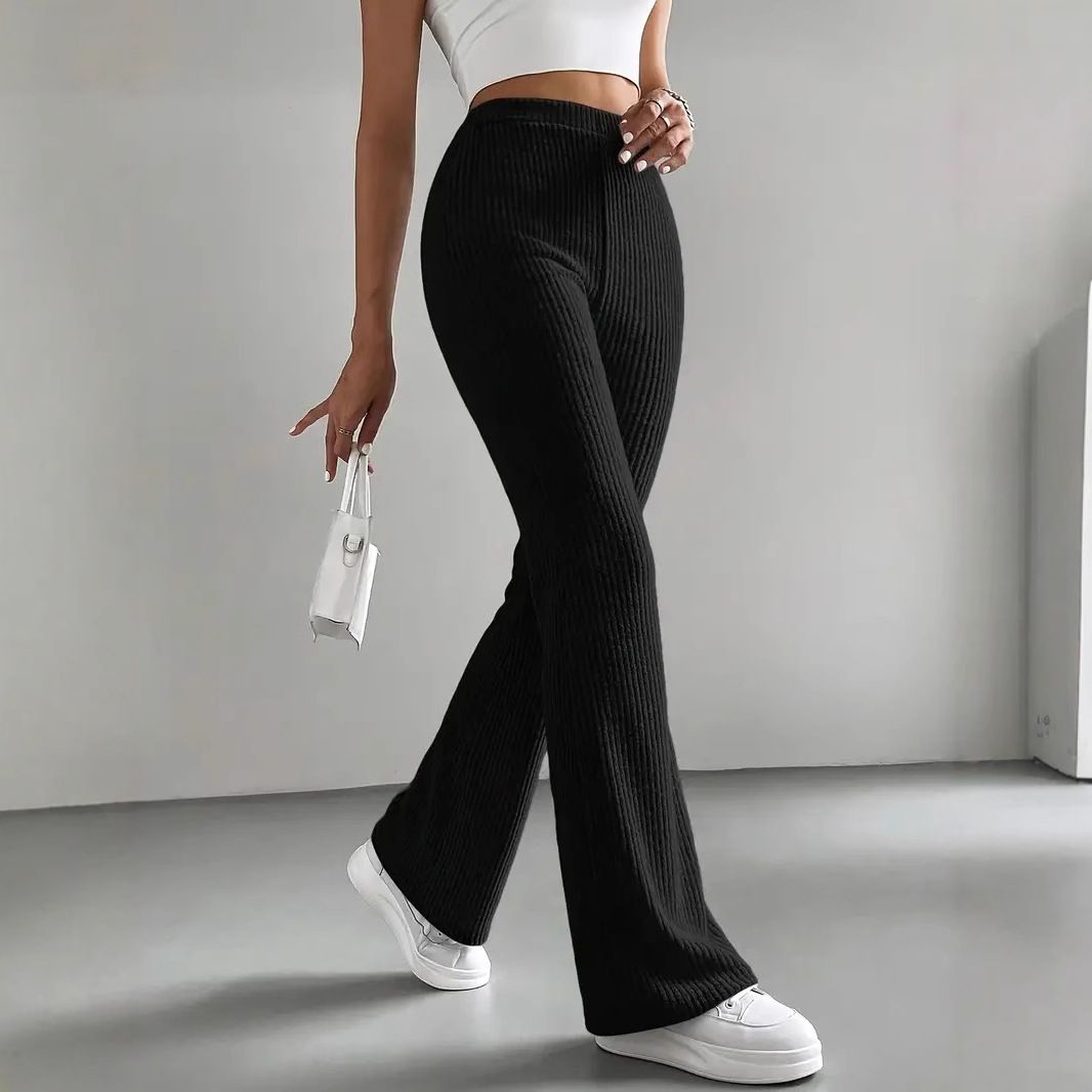 Pantaloni a zampa d'elefante di nuova generazione per donna, pantaloni casual tinta unita, pantaloni versatili alla moda in maglia a coste, vestibilità slim._voghion.com