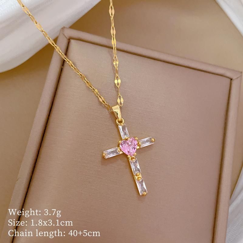 Collana con ciondolo a forma di cuore con croce in zircone lucido classico in acciaio inossidabile per donna, accessori e regali di moda._voghion.com
