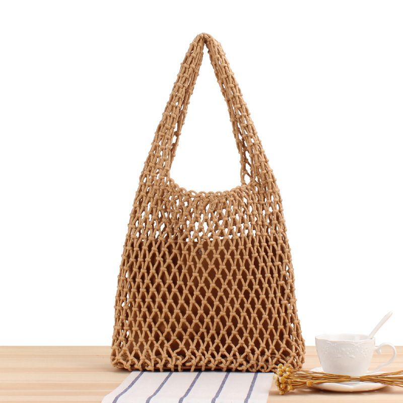 Borsa in rete tinta unita intrecciata a mano Borsa da spiaggia a tracolla singola Mori con chiusura a mano in filo di cotone_voghion.com