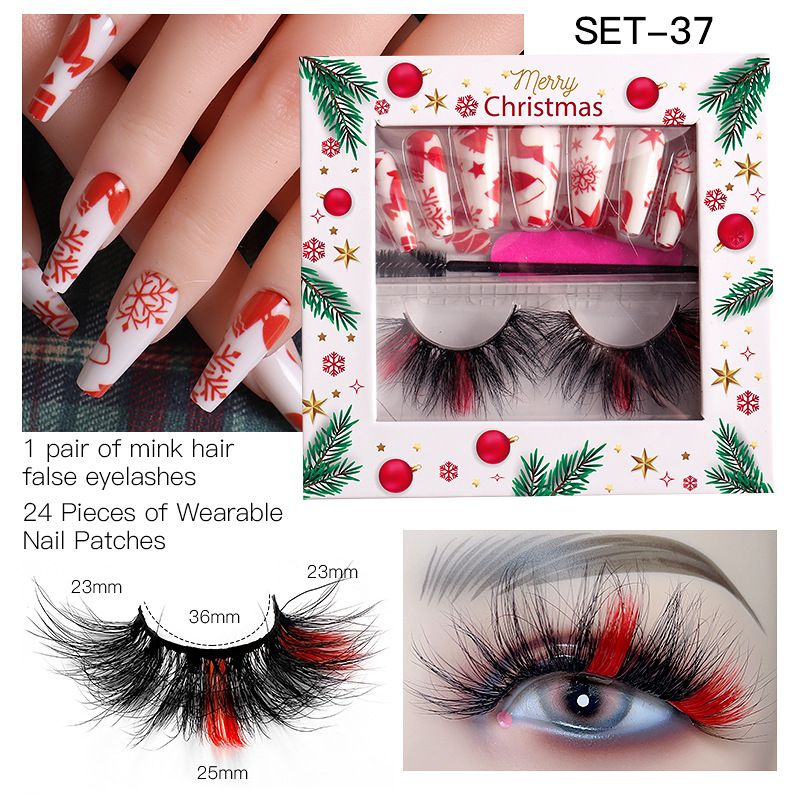 Ensemble de faux cils et d'ongles à coller en poils de vison pour le festival de Noël, cils colorés euro-américains_voghion.com