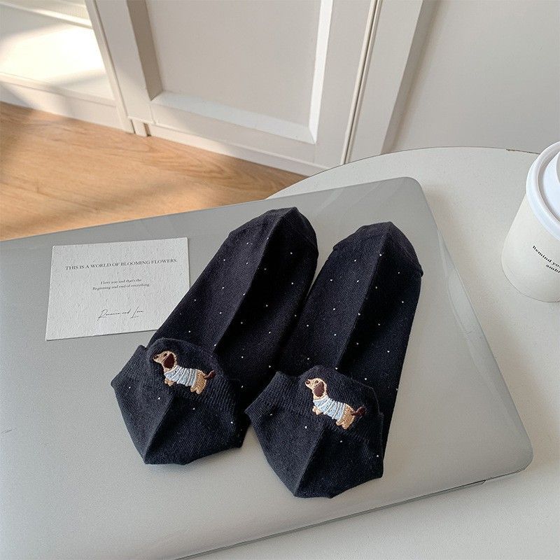 Women's Spring And Autumn Thin Korean Polka Dot Inner Bottom Embroidered Dachshund Cotton Summer Ladies Short Socks_voghion.com