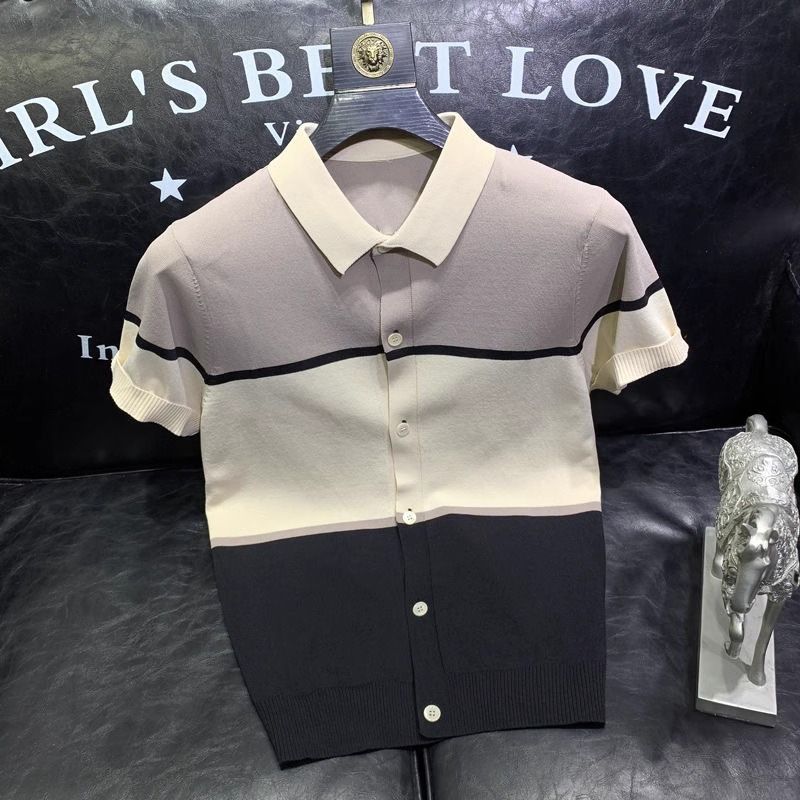 Polo de manga corta de punto de seda helada con contraste de color para hombre, camiseta de media manga con solapa versátil de marca de moda de verano para hombre_voghion.com