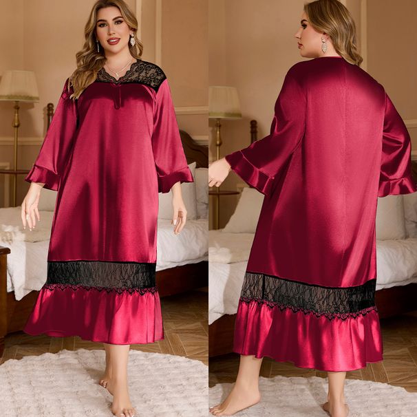 Pigiama taglie forti da donna, camicia da notte lunga con giunture in pizzo, abbigliamento da casa ampio_voghion.com