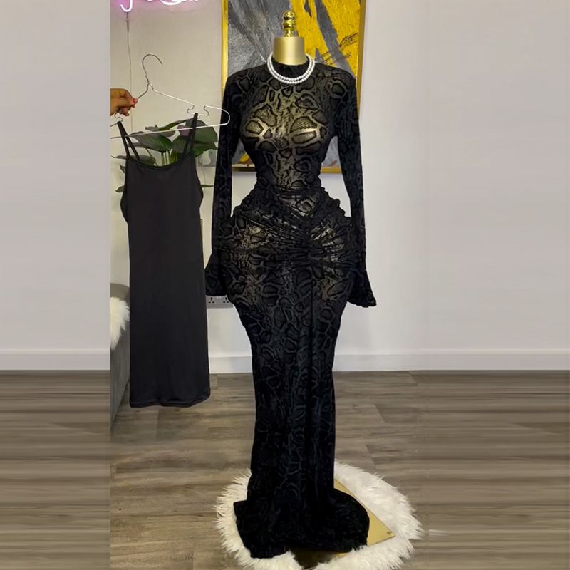 Damenbekleidung im neuen Stil, elegant, halbhoher Kragen, Spitze, lange Ärmel, hohe Taille, Hüfte, einstufiger Rock, langer Rock_voghion.com