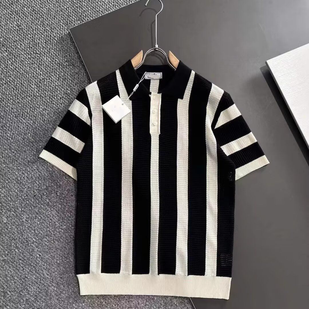 Maglietta a maniche corte a righe in maglia con risvolto a contrasto di colore, traspirante, alla moda e coordinabile._voghion.com