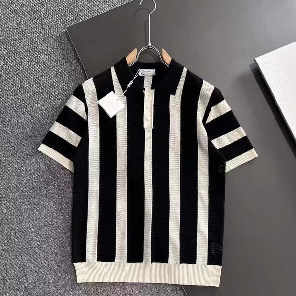 Maglietta a maniche corte a righe in maglia con risvolto a contrasto di colore, traspirante, alla moda e coordinabile._voghion.com