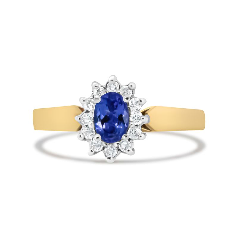 14K Yellow Gold 1/5 Cttw Round Diamond and 6x4mm Oval Blue Tanzanite Halo Ring (H-I Color, I1-I2 Clarity) - Size 7.75_voghion.com