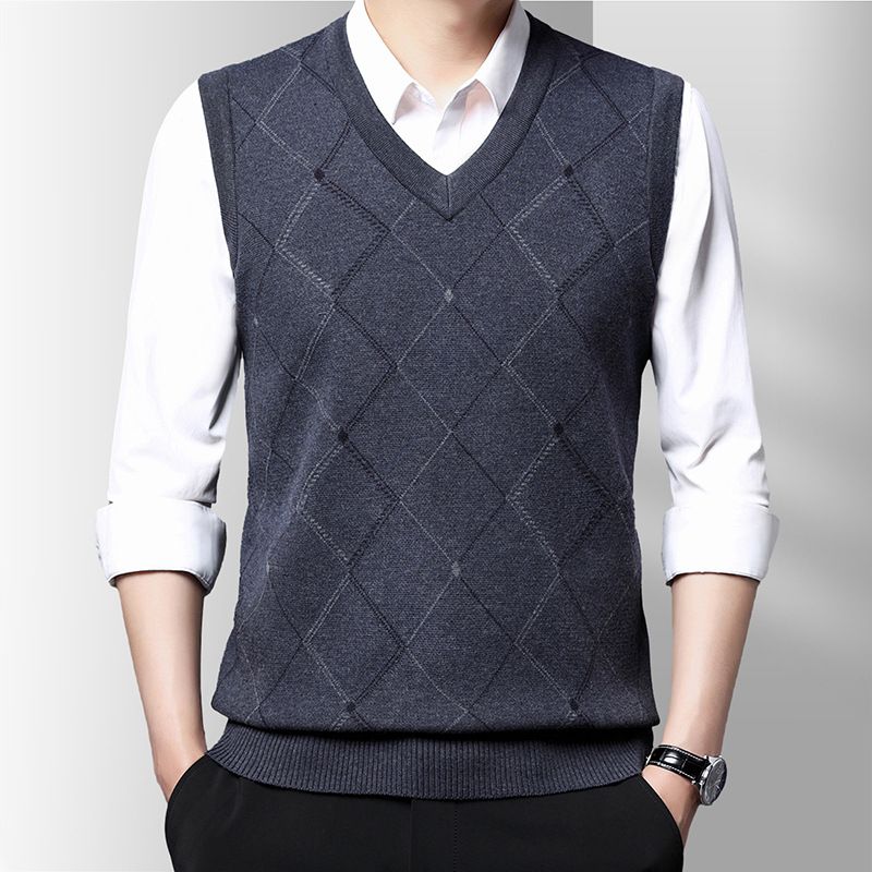 Ärmellose Strickweste mit V-Ausschnitt für Herren – Pulloverweste aus dicker Polyesterwolle für die Freizeit (M-XXXXL, Grau/Beige, Karomuster)_voghion.com