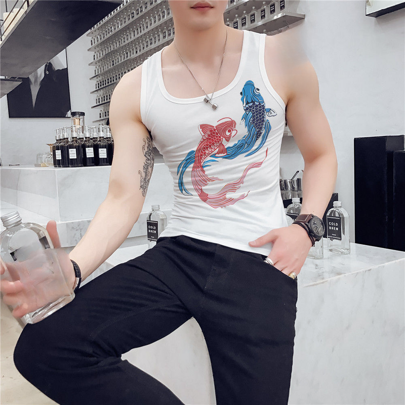 Summer Clothes Chinese Printed Square Vest Koi Fish Ethnic Style Sleeveless Round Neck T-Shirt Men's Trend_voghion.com