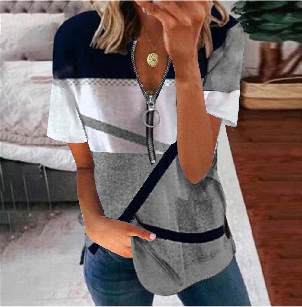 Women's Loose Fit Short Sleeve T-Shirt With Zipper Print - Casual Streetwear Top_voghion.com