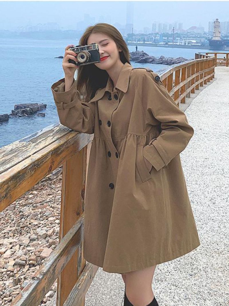 Abiti primaverili Moda donna Risvolti larghi Bottoni a doppia fila Giacca a vento lunga Giacca da lavoro da donna Trench per donna_voghion.com
