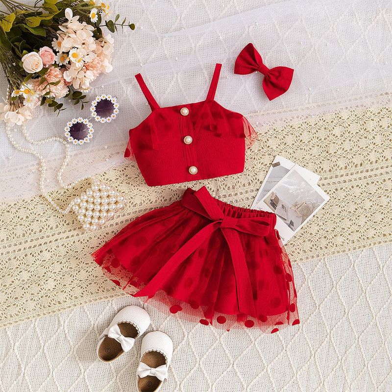 Kids’ Clothing Summer Suits Fashionable Polka Dot Camisole Vests Mesh Skirts Multi Piece Suits_voghion.com