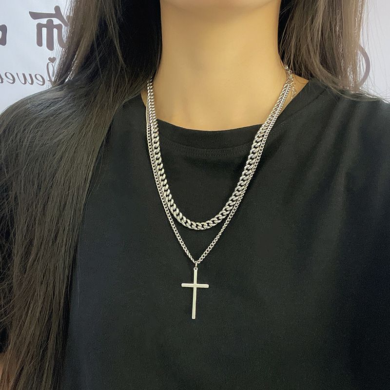 Men's Hip-Hop Layered Cross Necklace, Trendy Niche Design, Cuban Chain, Titanium Steel, Medium Length, Thick Style_voghion.com