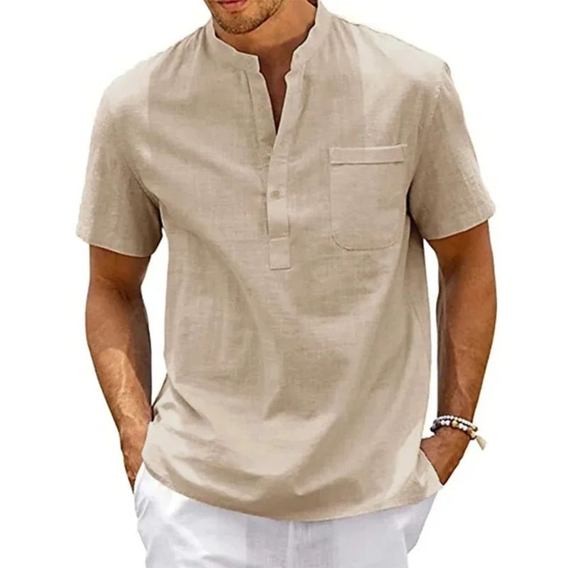 Baumwolle Leinen Hemd Männer Henley Neck Tasche Casual Strand Kurzarm Einfarbig Männlich Tops T-shirts Vintage Streetwear_voghion.com