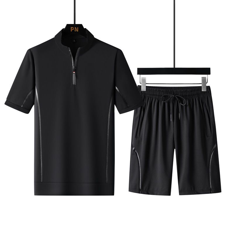 Herren Sommer Casual Kurzarm T-Shirt & Shorts Set - Atmungsaktives Loose Fit Laufoutfit (Schwarz, Grau) - Größen M-5XL_voghion.com