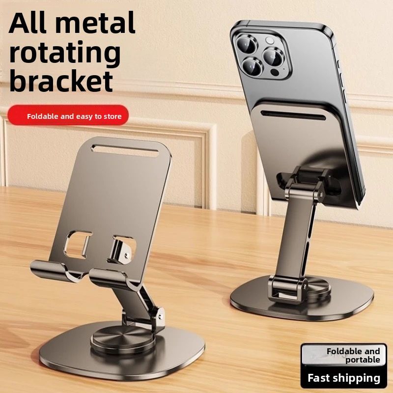 Metal Thickened Phone Rotating Desktop Walnut Wood Grain Lazy Universal Folding Live Streaming Tablet Stand_voghion.com