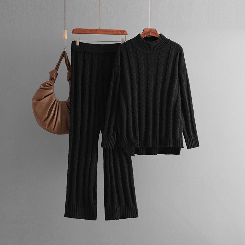 Women's Clothing  Solid color half turtleneck sweater twist suit women autumn and winter new fashion knitted two piece suit Cross border g_voghion.com