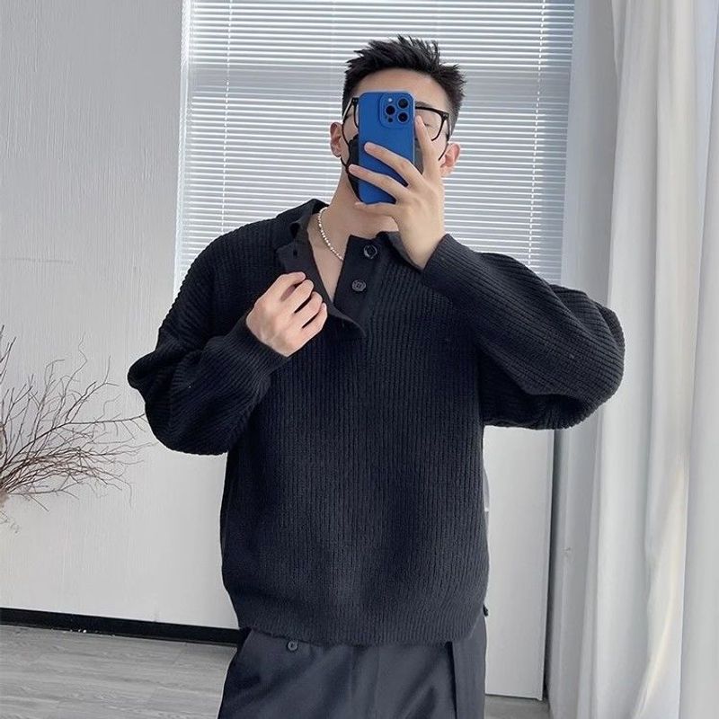 Men's Clothing Lazy style polo collar sweater men's loose oversize solid color lapel bottoming shirt men's jacket trend_voghion.com
