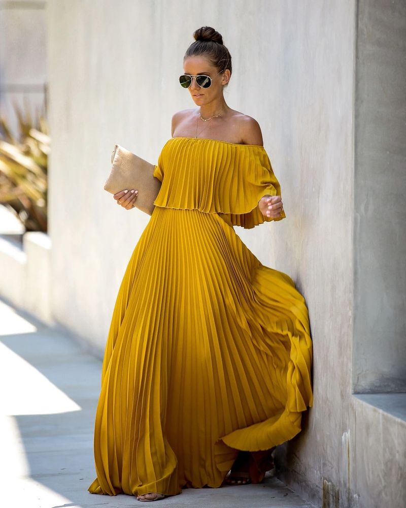 Damenbekleidung Sexy One-Shoulder Off Shoulder Plissee Chiffonkleid_voghion.com