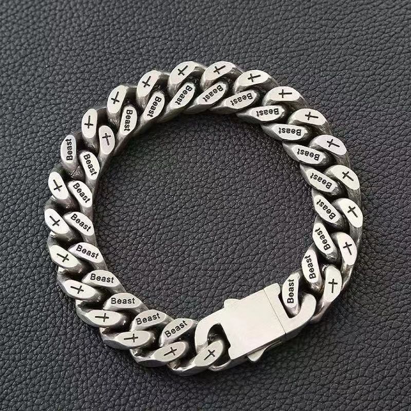 Bracciale in acciaio inossidabile inciso con marchio di tendenza, sabbiato, taglio 3D, catena cubana in titanio, hip hop, unisex_voghion.com