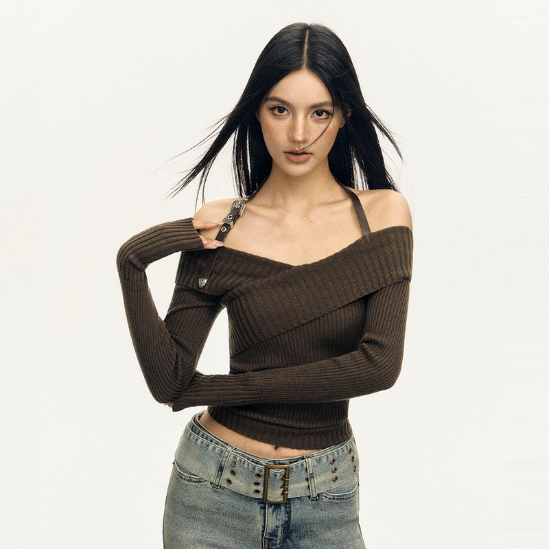 Ariseism American Design Dünne Off-Shoulder Langarm Strick Für Frauen 2025 Herbst Neue Pullover_voghion.com