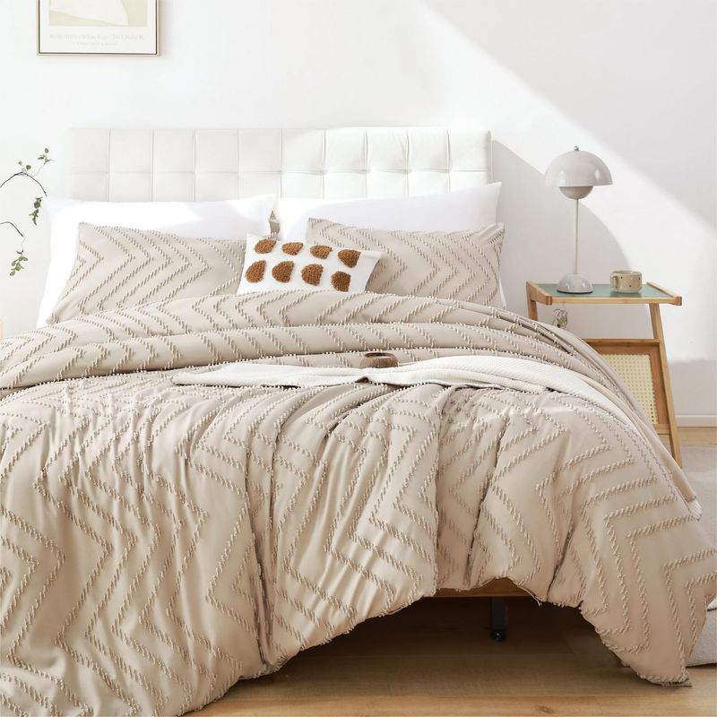 Comforter Set Quilt Set Beige Geometric Wave Tufted Cut Flowers Quilt Core Three Piece Set_voghion.com