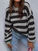 Lässiger Strickpullover mit Streifen für Damen, übergroß, überschnittene Schultern, Farbblock-Pullover, Acryl, weich, bequem, lange Ärmel, Rundhalsausschnitt_voghion.com