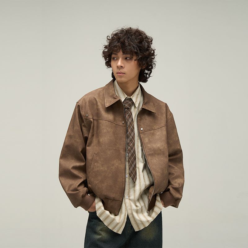 Braune Vintage-Lederjacke im Used-Look für Herren – Retro-Biker-Stil mit Kunstlederstruktur, lockere Passform, Reißverschluss-Design, lässige Oberbekleidung_voghion.com