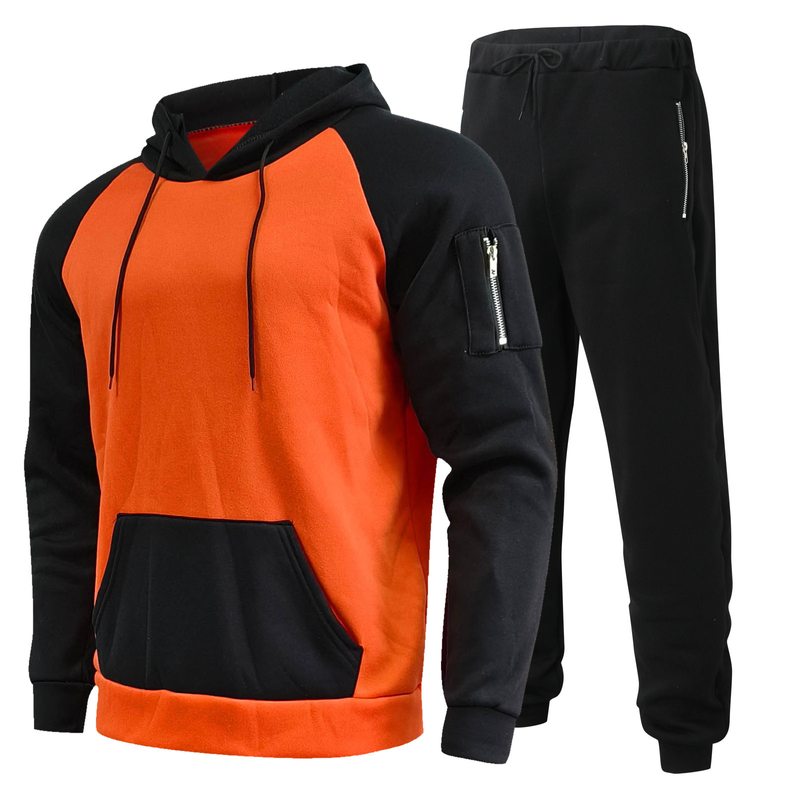 Herrenbekleidung aus Fleece, zweiteiliger Kapuzenpullover mit Reißverschluss, Jogginghose, lässiger Farbkontrastanzug_voghion.com