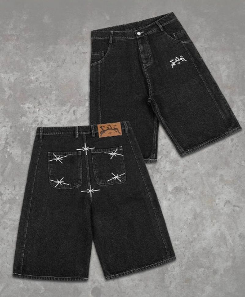 Pantaloni larghi dritti da uomo con ricamo Y2k, pantaloncini in denim hip hop da strada, pantaloncini lavati larghi_voghion.com