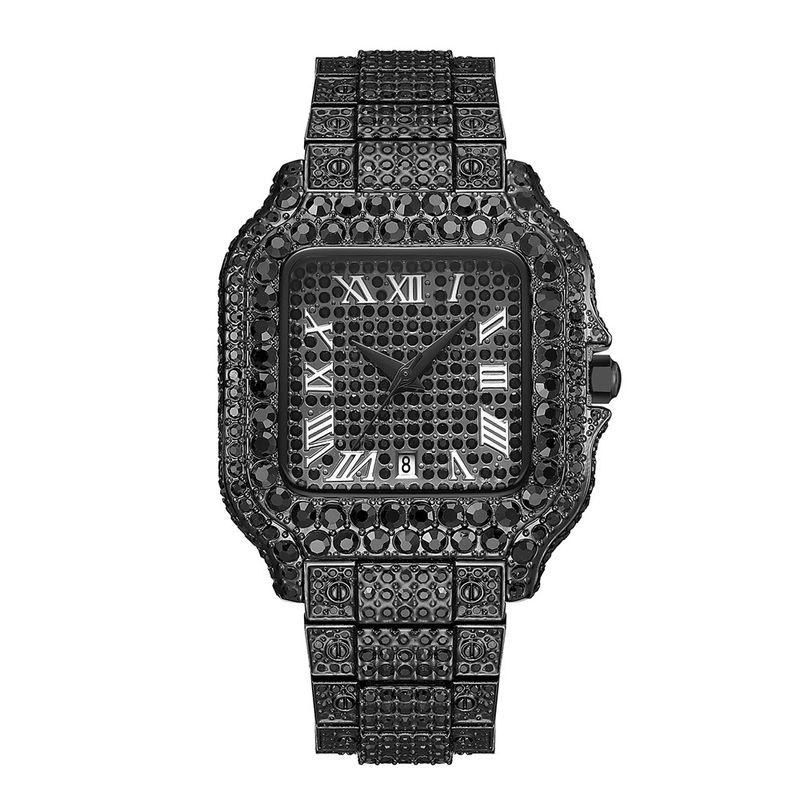 Modische quadratische Herrenuhr mit Diamantakzenten, römischen Ziffern und Quarzwerk – wasserdicht, Edelstahlarmband, Mineralglas_voghion.com