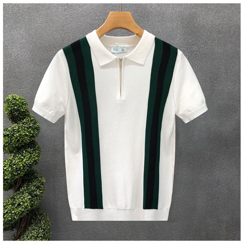 Herrenbekleidung Sommer Herren Neues farblich passendes gestreiftes Strick-Poloshirt Gentleman-Revers Kurzärmeliges Strick-T-Shirt_voghion.com