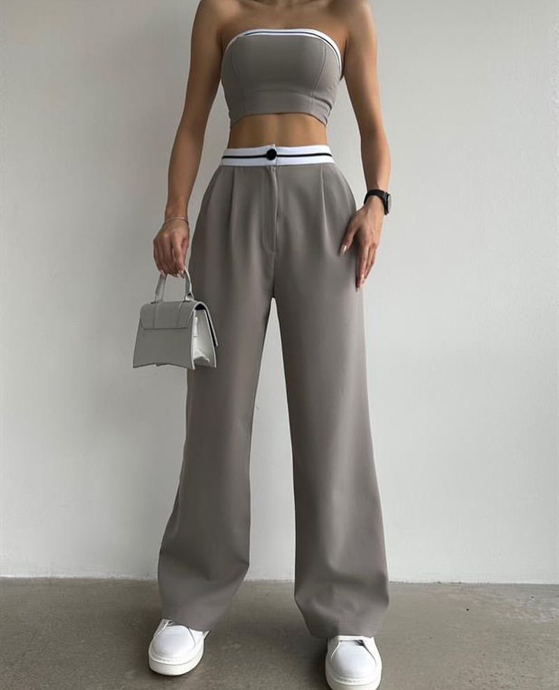 Frauen neue stil heißer mädchen oberbekleidung sport weste rohr top kontrast farbe hohe taille breite bein hosen casual anzug_voghion.com