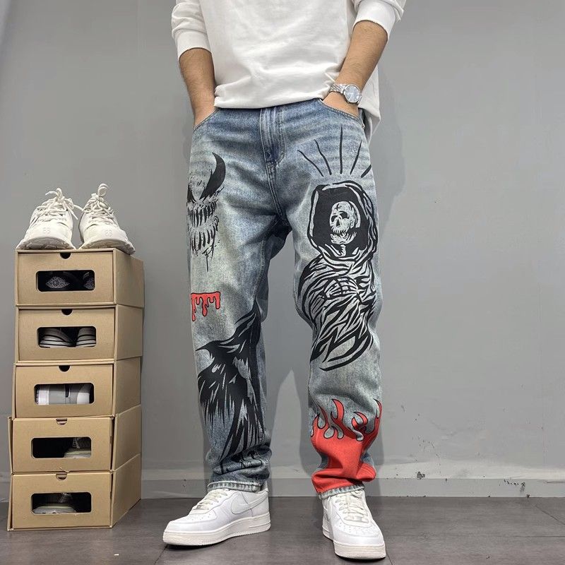 Gewaschene Jeans im Vintage-Stil mit Graffiti-Print für Männer, schmale Passform, konische Hose mit geradem Bein, High Street, cool, trendig_voghion.com