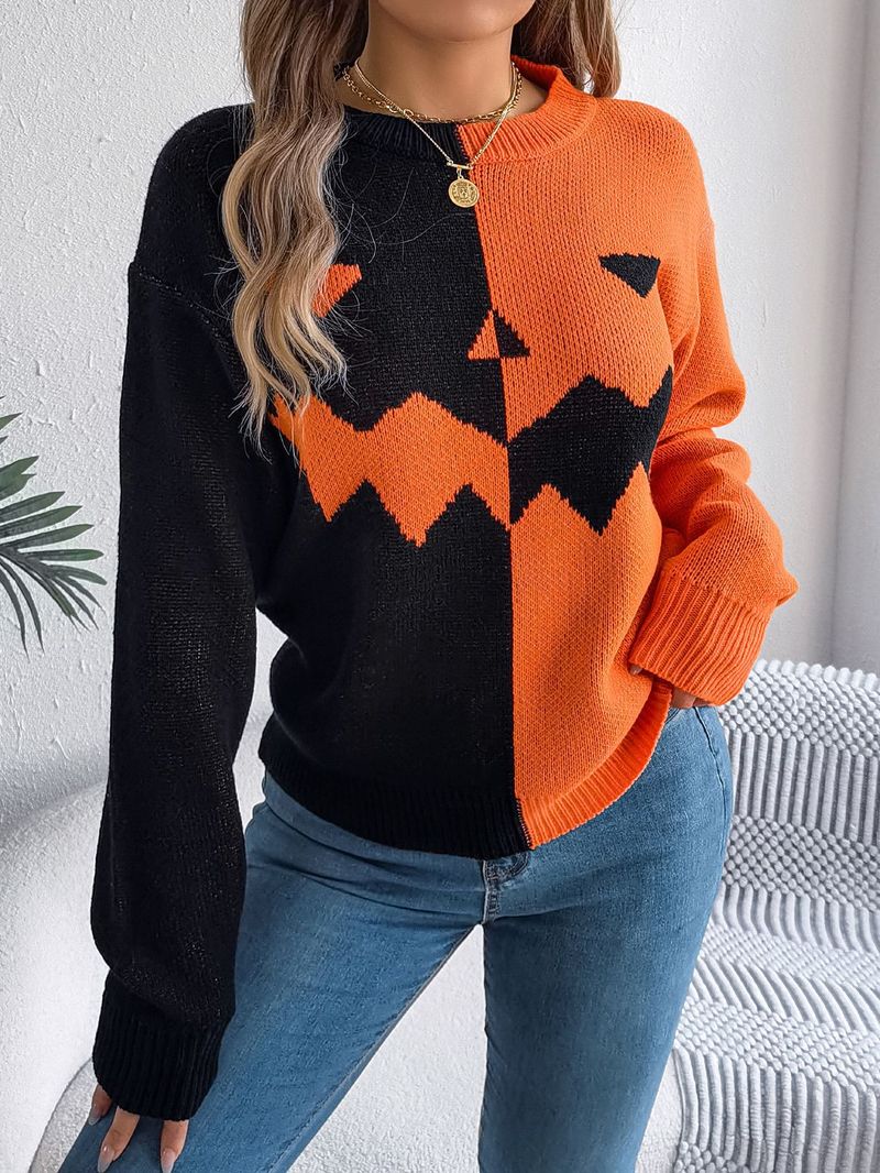 Pull à manches longues imprimé citrouille fantôme d'Halloween - Pull décontracté en tricot pour femme, mélange acrylique doux, mode automne-hiver douillette_voghion.com