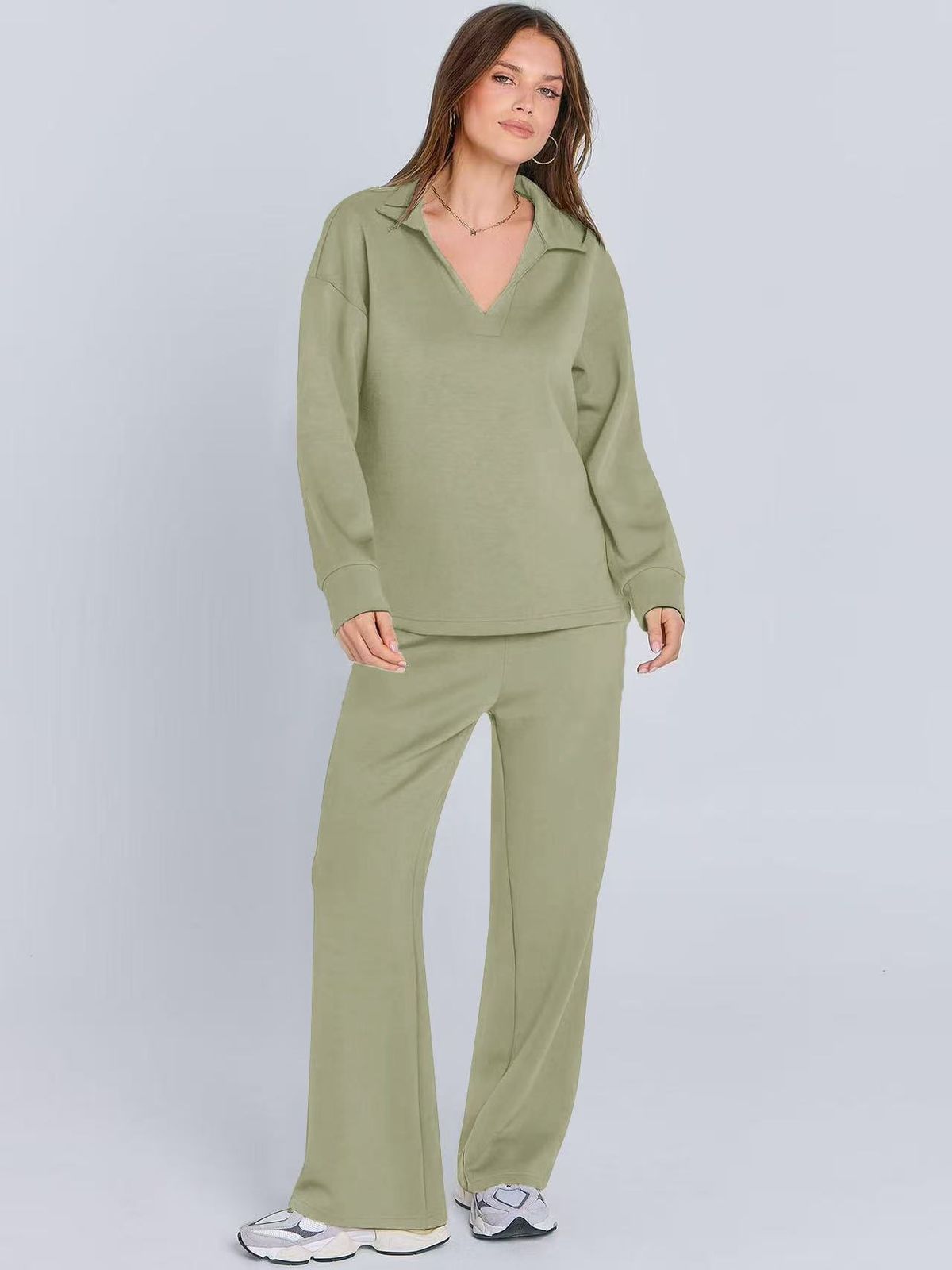 Zweiteiliges Lounge- und Jogging-Set – Strickoberteil mit V-Ausschnitt und lässige Hose, bequeme Loungewear für Damen (Matcha-Grün, S-XL)_voghion.com