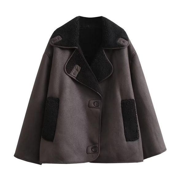 Women's Clothing autumn and winter new color matching lapel fur single breasted splicing jacket coat_voghion.com
