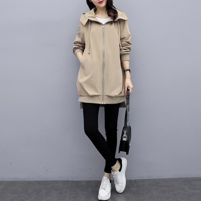 Trench oversize casual da donna con cappuccio, color cachi e nero – Giacca a vento a maniche lunghe in stile coreano con cerniera_voghion.com